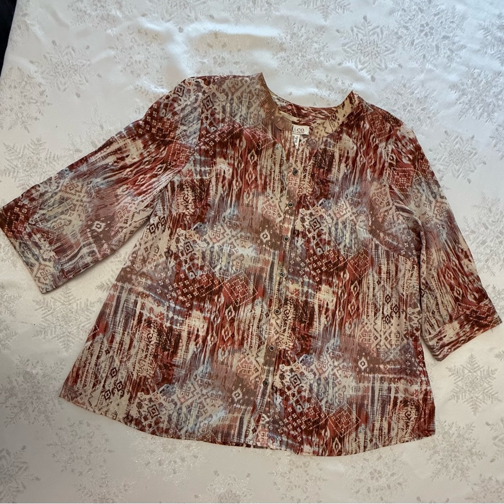 Denim & Co Button-Down Tunic in Rust and Cream Aztec Print